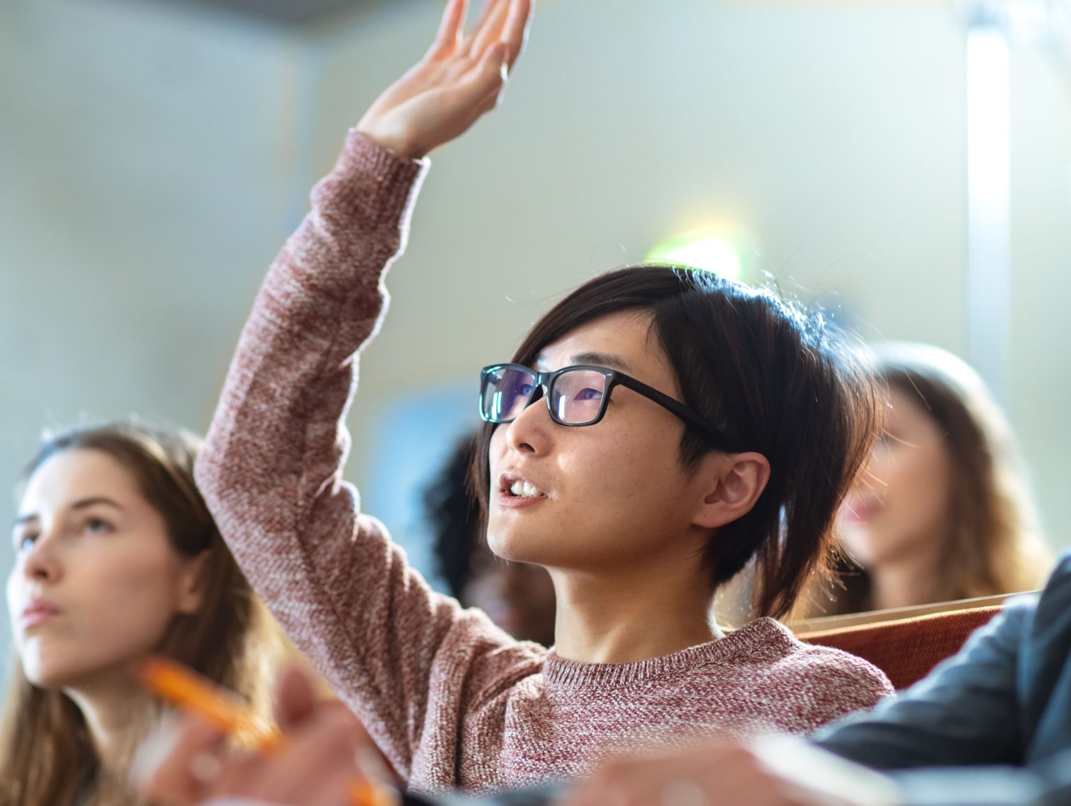 Student raising hand for help with language