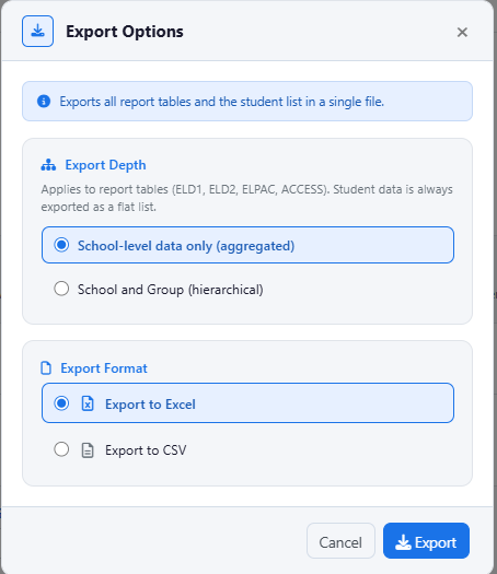 screenshot of application export options